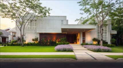 Obraz premium Modern minimalist residential building with sharp lines and flat roof, large rectangular windows, recessed entrance,