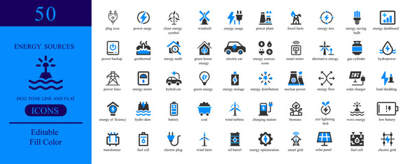 Vector art of energy sources icons set with power, renewable, electricity, solar, wind, electric, eco, green, ecology, environment © Rumel
