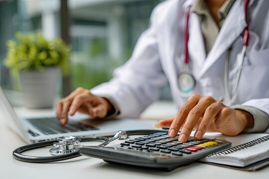 Doctor using laptop and calculator (1)