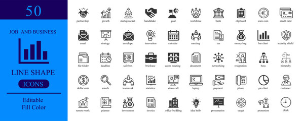 Vector art of collection of 50 line shape icons representing job and business activities