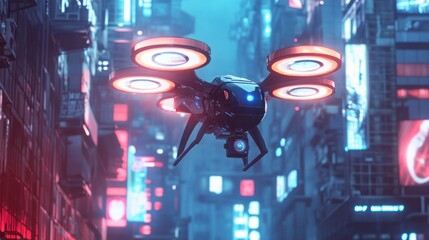 Futuristic drone in neon cityscape