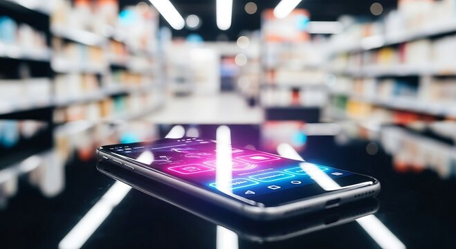 Smartphone App Interface in Modern Supermarket Setting - Retail Technology, Mobile Shopping.