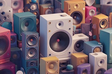 Close-up of many colorful speakers