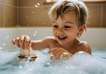 Child playing with toy ship in bubbles