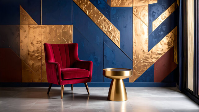 A striking modern interior featuring a luxurious red velvet armchair and a sleek gold pedestal table set against a dramatic wall with a geometric design of deep blue and textured gold panels. This opu