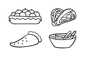 Illustration of pie, tacos, burrito, and salad