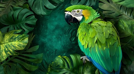 Vibrant green parrot perched among tropical leaves with deep jungle background, perfect for nature posters, exotic wildlife themes