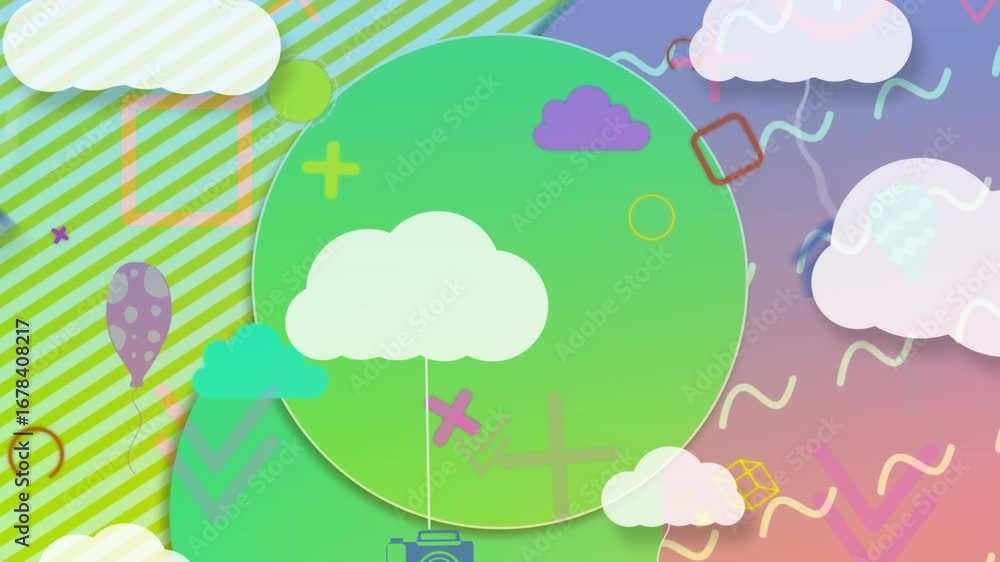 Poster digital animation of abstract shapes moving against green gradient background