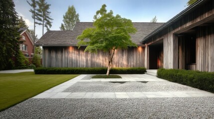 A large modern wooden house with dark brown paneling stands amidst meticulously maintained greenery, low hedged shrubs,
