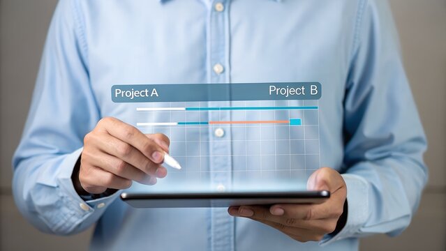 Person interacting with futuristic transparent digital display and tablet