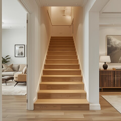 Fototapeta premium The apartment room is furnished with modern, bright, and cozy interiors, and includes general cleaning, home decoration, and preparation for sale, including stairs and steps.