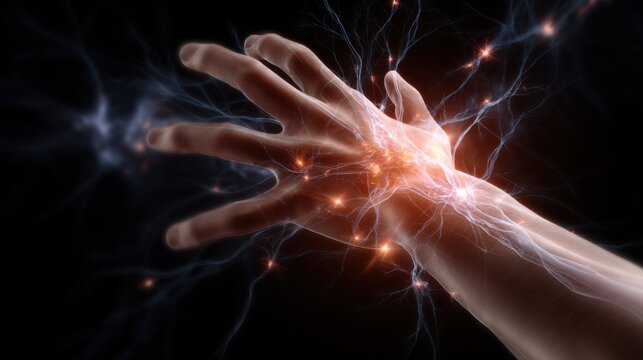A hand with electric sparks around it, signifying the flow of electricity through healthy neurons in an adult's brain, a stock photo for a website banner.