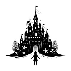 Naklejka premium Magical Christmas castle silhouette with child waiting at gateway, festive lights, Santa hat