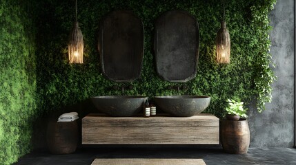 Nature-inspired bathroom with stone sink, freestanding tub, and lush green living wall, perfect for eco design blogs, spa interior features