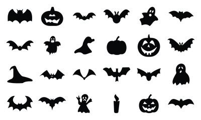 Naklejka premium Set of silhouettes for Halloween icons vector illustration. Halloween icons and silhouettes isolated on white background. 