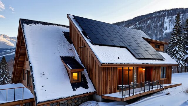 Eco-friendly mountain cabin with solar panels and snow-covered roof offers a sustainable retreat in a serene winter landscape surrounded by majestic peaks