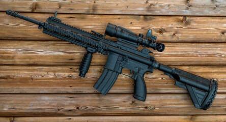 modern assault rifle lying on a wooden background