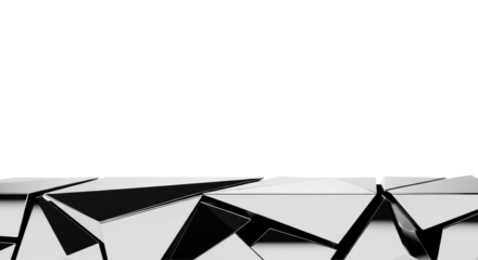 Highly polished chrome silver panels with mirror-like finish, interlocking angular shapes forming a modern border at the bottom on a transparent background, vast copy space. Concept of advanced