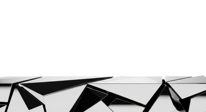 Highly polished chrome silver panels with mirror-like finish, interlocking angular shapes forming a modern border at the bottom on a transparent background, vast copy space. Concept of advanced