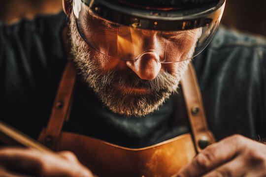 Focused craftsman wearing protective glasses working with tools in workshop