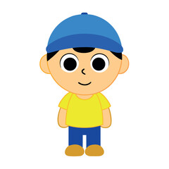 Cute cartoon boy wearing a blue cap and yellow t shirt in fun style Vector illustration