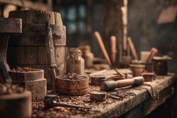 Dusty workbench in a workshop