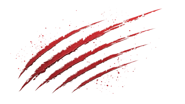 Red claw scratch marks isolated on transparent background, perfect for horror designs