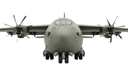 Fototapeta premium Robust matte olive drab four-engine turboprop cargo aircraft, windowless, reinforced doors, mud-splattered rough-terrain landing gear on white studio, copy space. Concept of industrial strength and