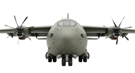 Robust matte olive drab four-engine turboprop cargo aircraft, windowless, reinforced doors, mud-splattered rough-terrain landing gear on white studio, copy space. Concept of industrial strength and