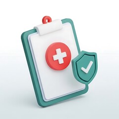 Obraz premium 3d render of a medical clipboard with a red cross symbol and a green shield with a checkmark