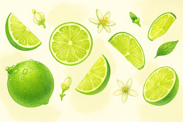 Lime has water drop with lime slices and flower texture isolated on white background