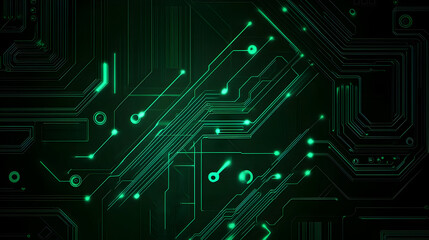 Abstract circuit board design with green lines and connections on a dark background.