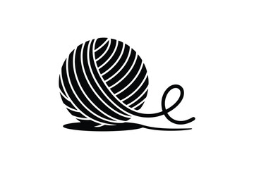Simple black and white illustration of a ball of yarn with a loose thread