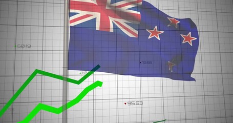 Animation of data processing over flag of new zealand - Powered by Adobe