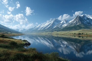 Serene mountain lake reflecting a vibrant sky.  A tranquil alpine scene with snow-capped peaks, a calm lake, and lush vegetation
