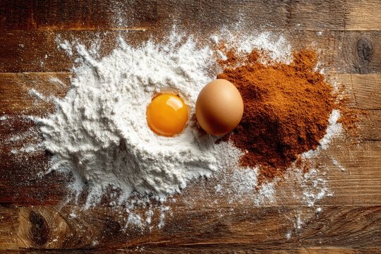 A Bakers Canvas - Rustic Still Life with Flour, Cocoa, and Eggs on a Wooden Surface. - Powered by Adobe