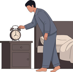 Man in Pajamas Turning Off Alarm Clock Next to Bed.