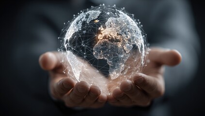 A digital globe, rendered as a translucent sphere with network connections, rests in two hands.  The hands are of a person, and the sphere shows continents and countries, lit faintly