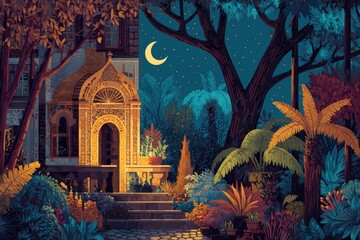 Night garden scene, ornate archway