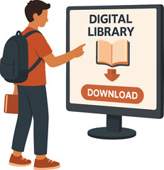Person pointing at digital library download screen with book icon.