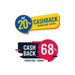 Colorful promotional cashback badges displaying 20% and 68% cashback offers with unique promo codes. Perfect for use in marketing campaigns, online shopping promotions, and discount advertisements.