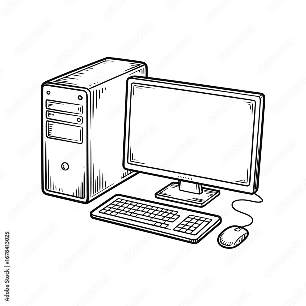 Poster hand drawn illustration of a desktop computer with monitor keyboard and mouse