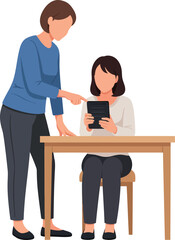 Obraz premium Two women interacting at a desk with a tablet.