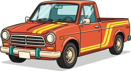 Retro Cartoon Pickup Truck with Stripes, Cute Vector Illustration