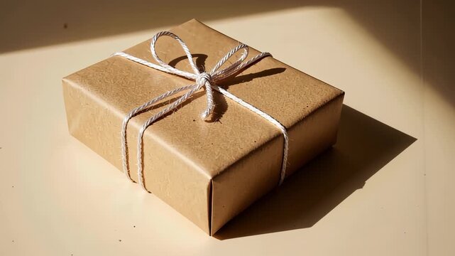A neatly wrapped brown paper package with white string placed on a warm beige background, casting a soft shadow in natural sunlight