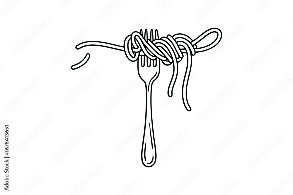 Poster simple line drawing of spaghetti twirled on a fork against a white background