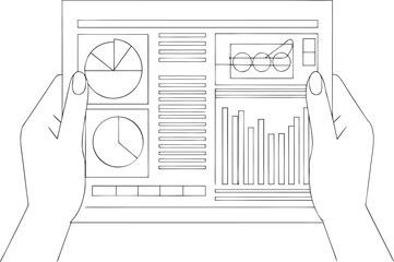 Hands holding tablet displaying charts and graphs vector