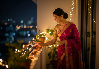 Diwali celebration: Indian woman in a traditional saree celebrating the Diwali festival by arranging lit diyas on her city apartment balcony at night.