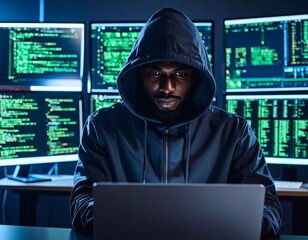 A hooded hacker in a dark room lit only by multiple glowing computer screens filled with green code.