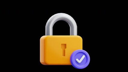 Verified Security and Data Protection Concept. 3D Animation of a certified padlock with a checkmark, symbolizing guaranteed safety.